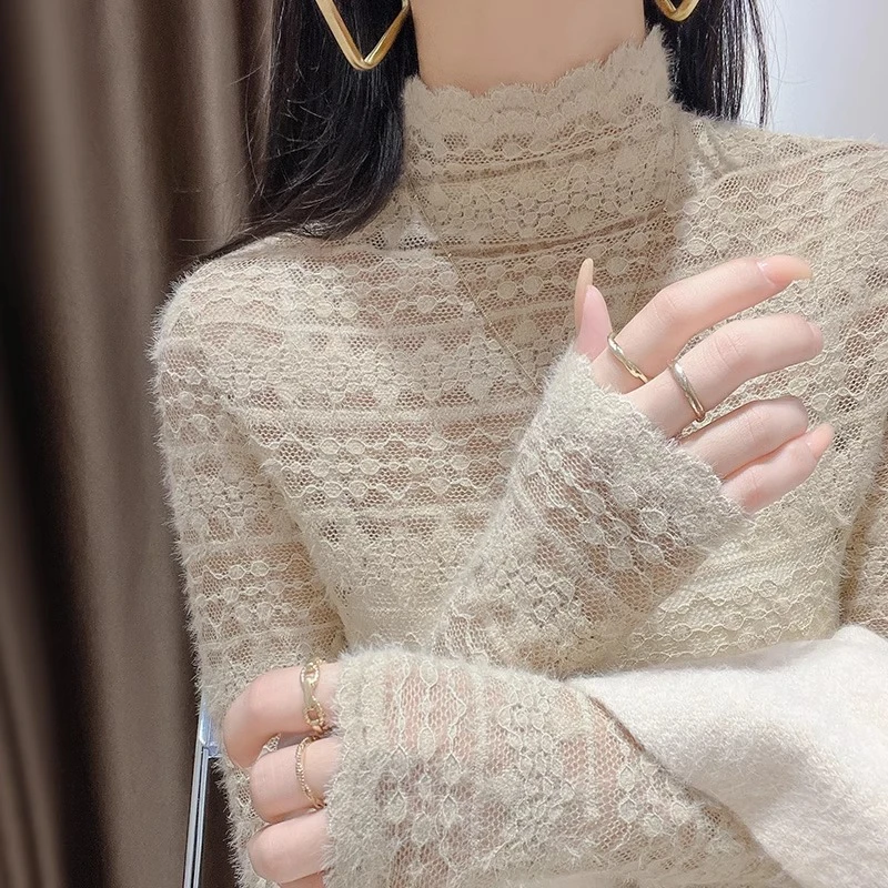 磨毛蕾丝打底衫女2025秋冬新款时尚洋气网纱上衣半高领透视薄纱衣