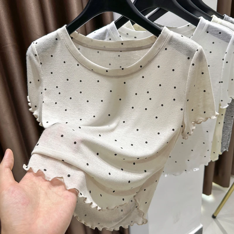 设计感独特波点正肩T恤女春秋新款短袖咖色针织小衫圆领冰丝上衣