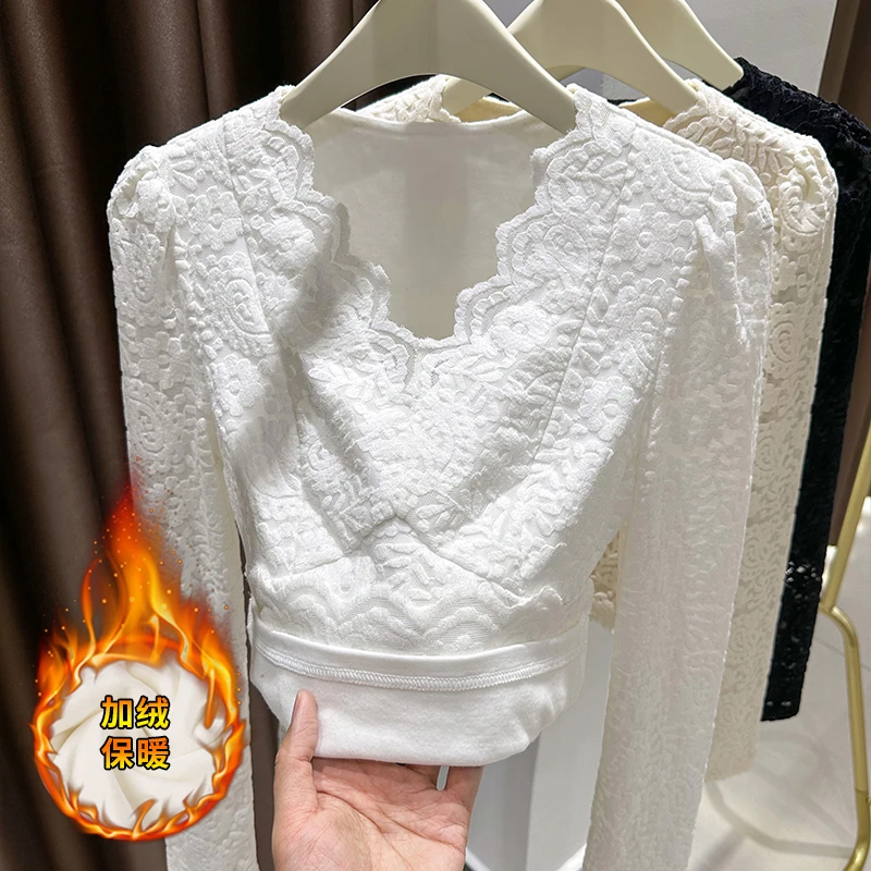 短款蕾丝打底衫女长袖内搭性感V领白色网纱上衣秋冬新款加绒小衫