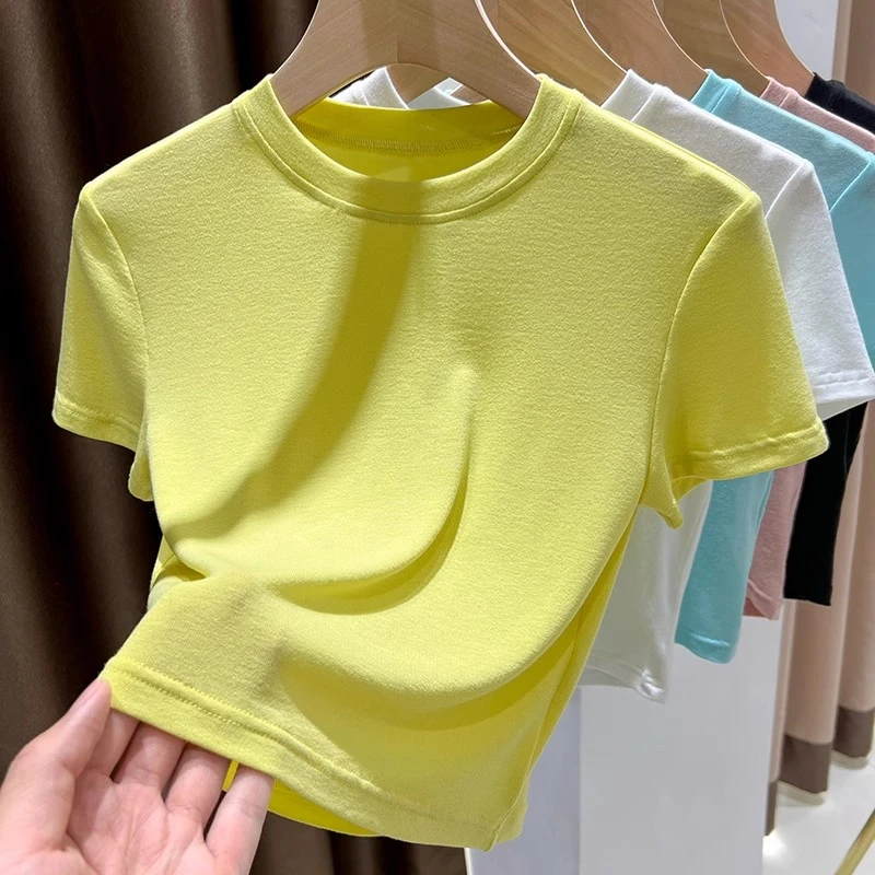 糖果色短袖t恤女夏季新款显瘦紧身体恤bm甜辣高腰短款圆领上衣薄