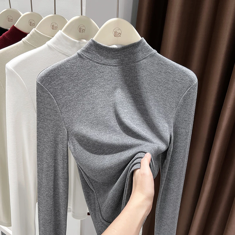 秋冬纯色半高领双面磨毛打底衫女高级感内搭薄绒保暖长袖肌底衣