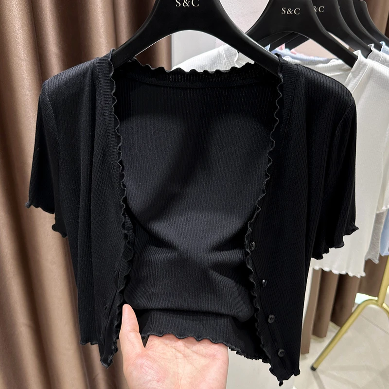 吊带裙外搭开衫短袖夏薄款小个子木耳边黑色短款小坎肩针织外套女