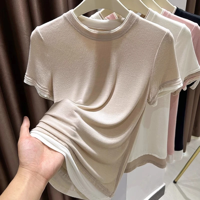 设计感撞色拼接短袖T恤女款爆款2025夏季新款圆领皮肤衣薄款上衣