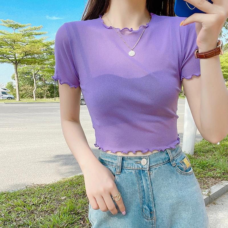 短款紫色网纱短袖t恤女夏2025新款吊带裙内搭上衣木耳蕾丝打底衫