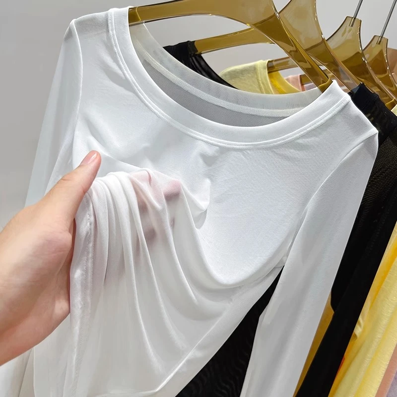 白色圆领透明网纱打底衫女长袖2025新款蕾丝吊带裙内搭修身上衣薄