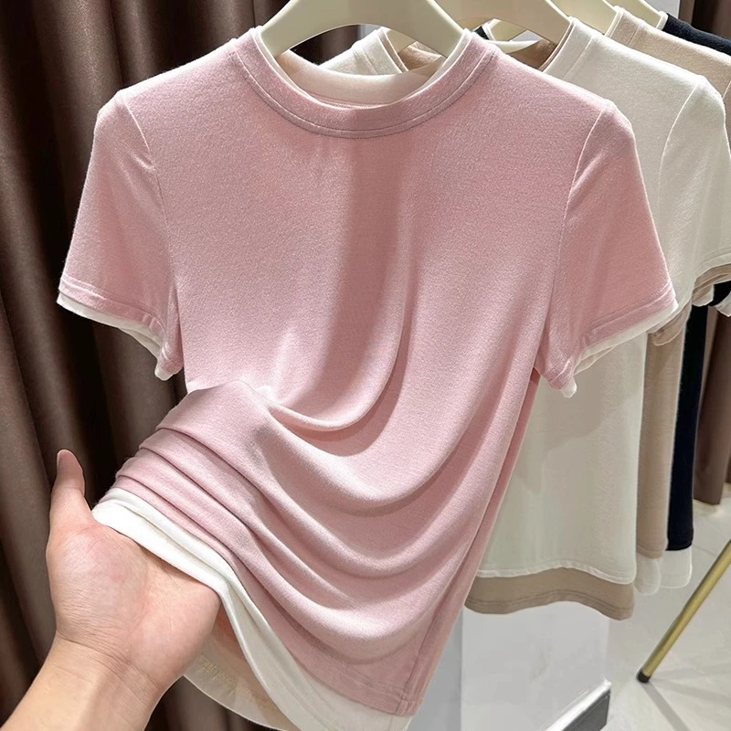 圆领短袖t恤上衣女款2025夏季新款粉色超弹内搭皮肤衣薄拼接撞色