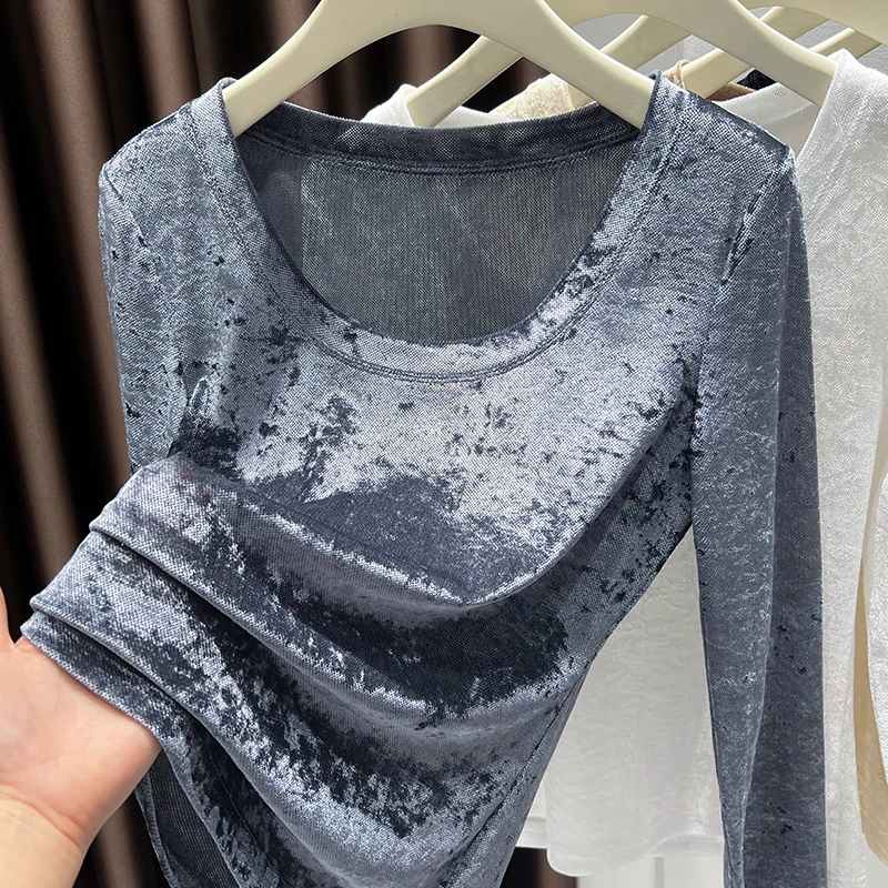 薄款大圆领钻石毛打底衫女2025新款秋内搭小个子长袖t恤修身上衣