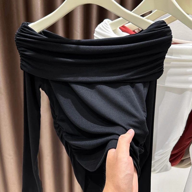 黑色一字领露肩长袖打底衫女时尚修身性感辣妹高级感内搭上衣T恤