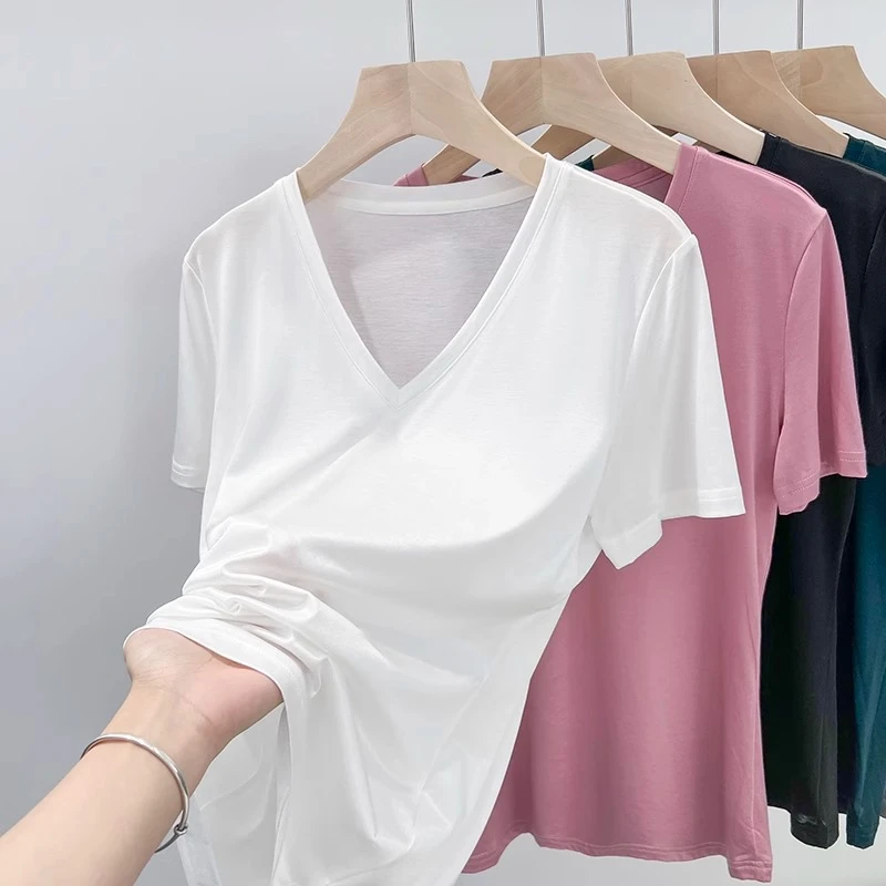 白色丝光棉短袖t恤女夏季薄款v领宽松体恤冰丝凉爽净版基础款上衣