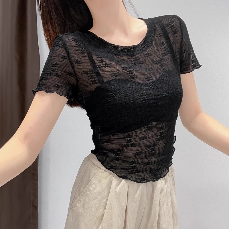 黑色蕾丝短袖t恤女夏季薄款透视内搭打底衫短款弧形下摆显瘦上衣