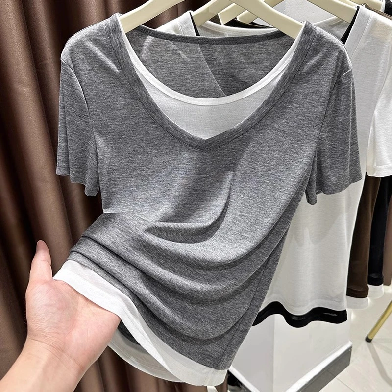 灰白假两件上衣圆领双色拼接内搭打底衫领口边撞色短袖t恤女薄款