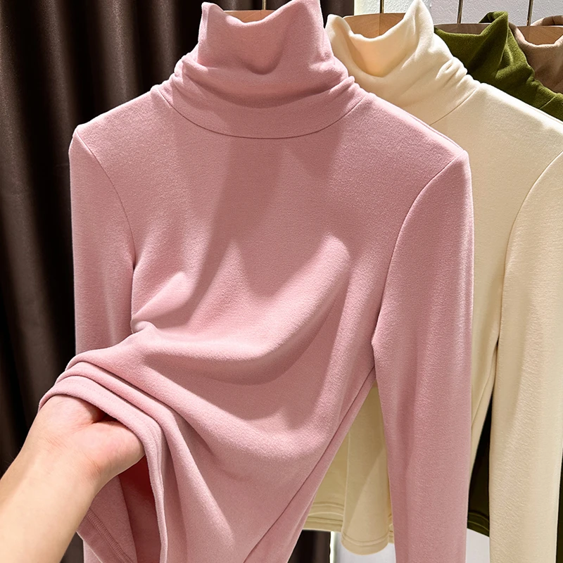 欧货双面德绒打底衫女秋冬粉色内搭保暖T恤堆堆高领修身加厚上衣