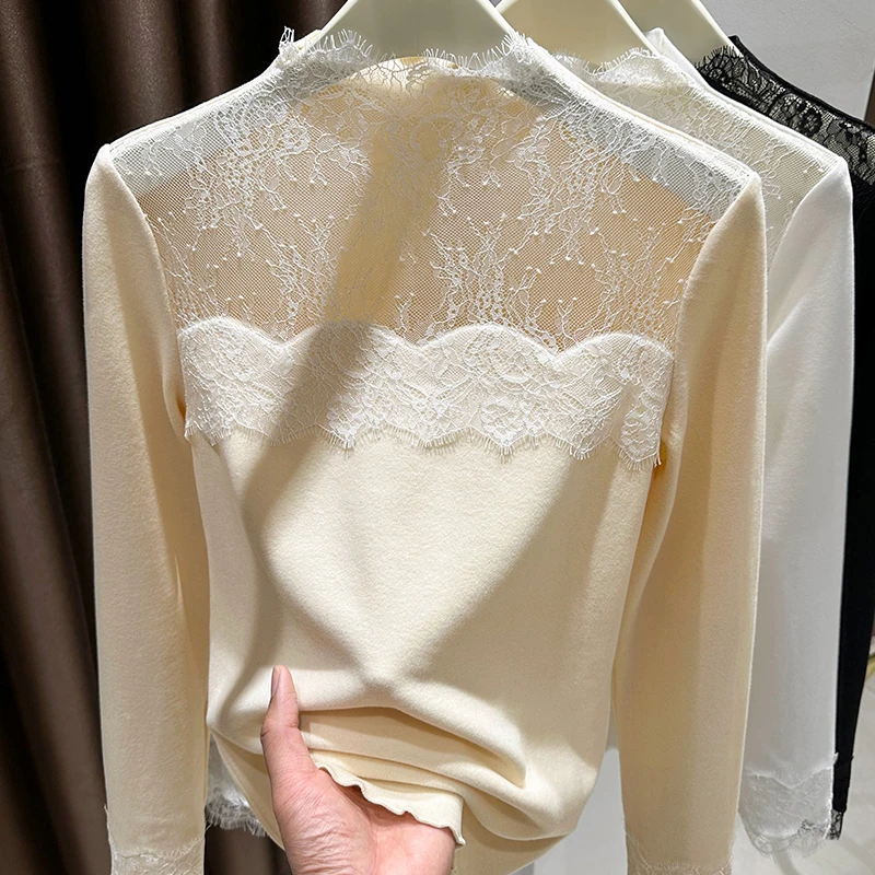 半高领加绒打底衫女长袖内搭双面德绒蕾丝小衫秋冬可外穿保暖上衣