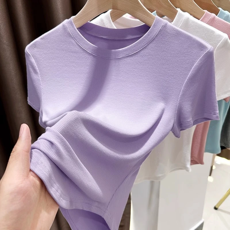 紫色小圆领短袖t恤女夏显瘦莫代尔内搭弧形下摆辣妹短款高腰上衣