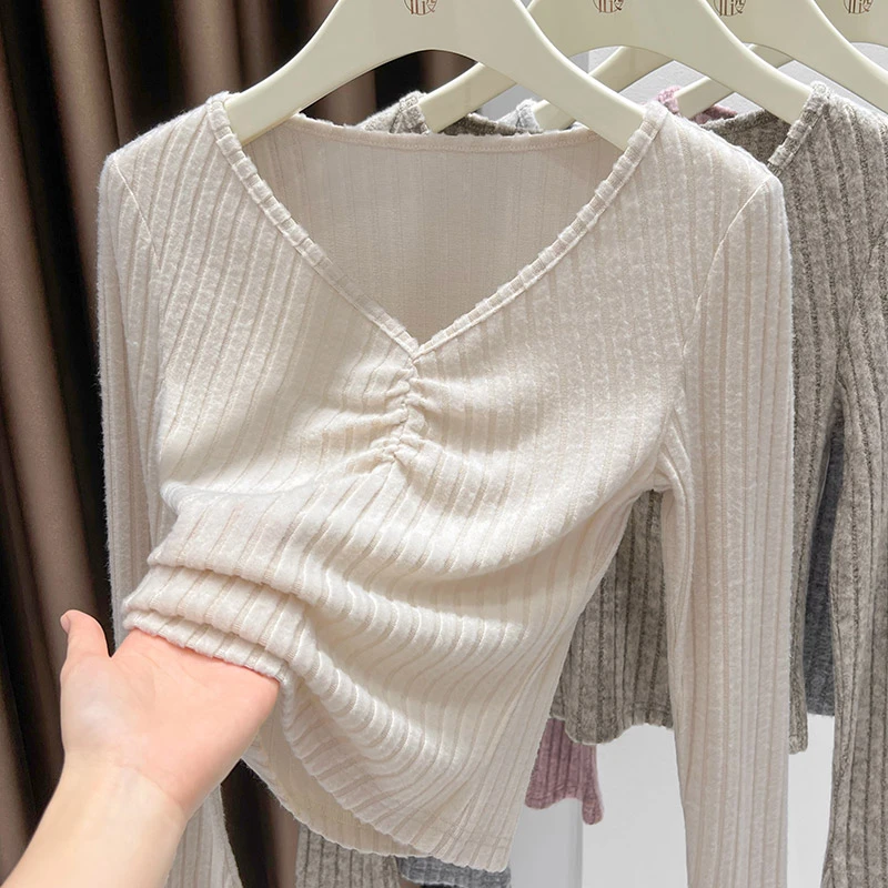 高级感不规则褶皱长袖t恤女小众设计感修身V领针织衫上衣秋季新款