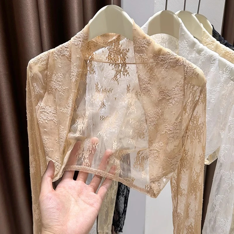 短款咖色蕾丝披肩女夏季配吊带裙小外搭坎肩防晒开衫镂空薄纱罩衫