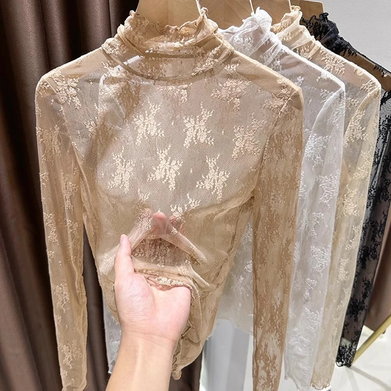 高档次蕾丝打底衫女性感纯欲风新款内搭气质镂空小衫透视网纱上衣