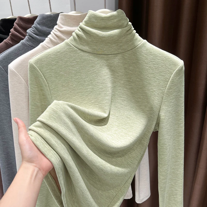 牛油果绿色高领打底衫女长袖修身内搭堆堆领德绒T恤上衣秋冬新款
