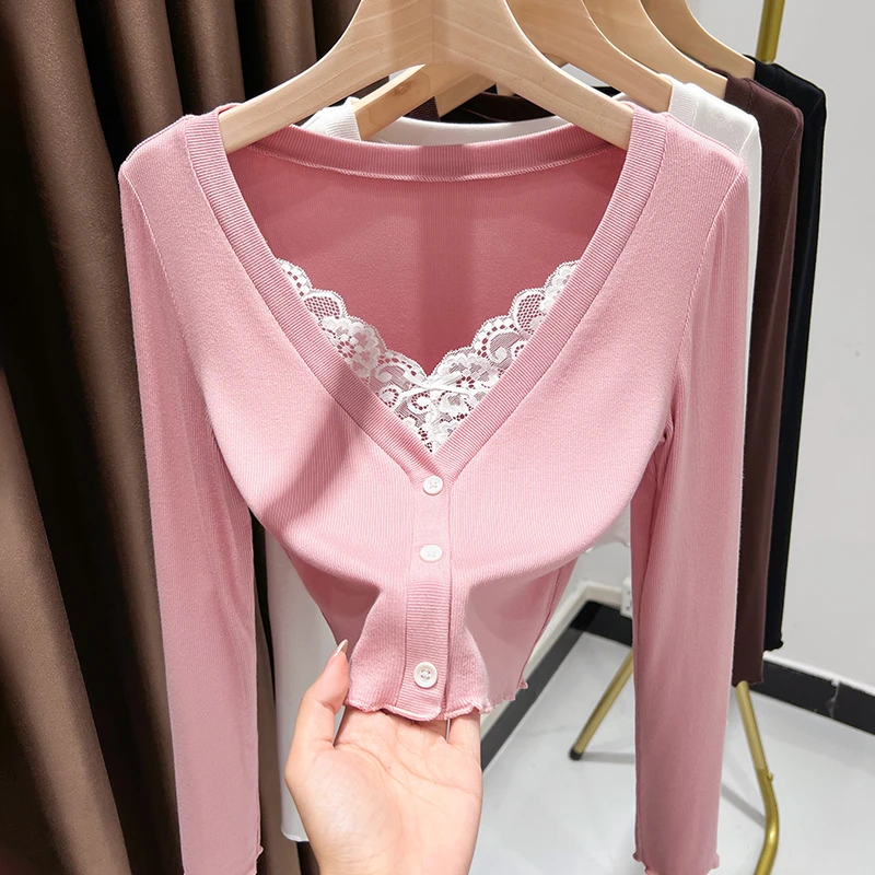 蕾丝花边保暖打底衫女款爆款洋气新款修身短款内搭莫代尔长袖上衣