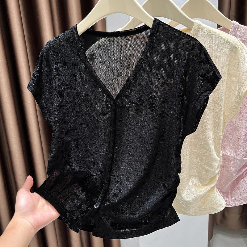 黑色V领冰丝纽扣亲肤短袖T恤女装夏季柔软透气插肩袖短款无袖上衣