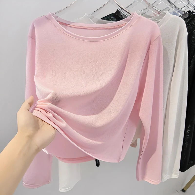 薄款针织长袖t恤女夏宽松吊带外搭防晒罩衫百搭圆领套头冰丝上衣