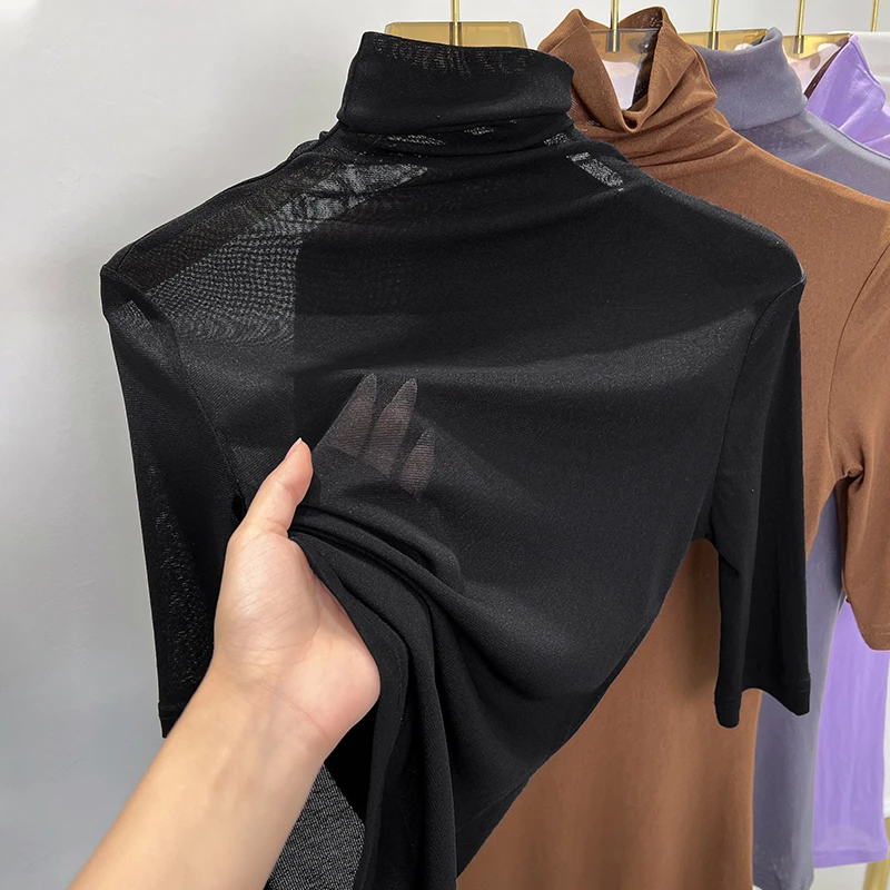 黑色网纱打底衫女修身内搭半高领针织中袖蕾丝小衫春秋新款薄上衣