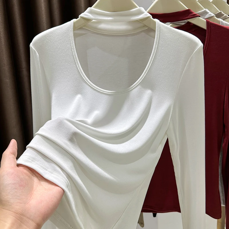 性感辣妹U领长袖T恤女春秋新款设计感百搭时尚打底衫内搭洋气上衣