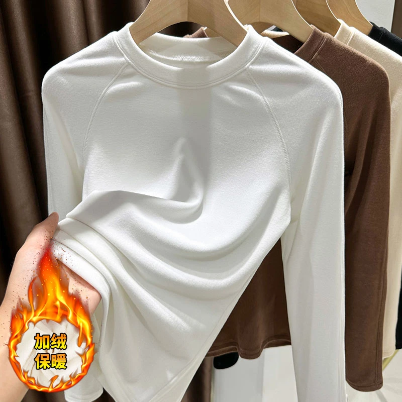 秋冬新款加绒保暖长袖T恤衫女修身内搭小圆领白色德绒打底衫上衣