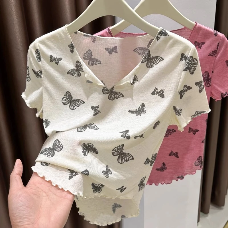 蝴蝶印花短袖t恤女夏季新款v领正肩内搭打底衫薄款木耳边短款上衣