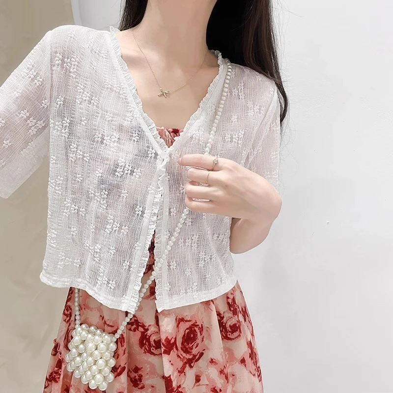 镂空蕾丝短袖外搭开衫女披肩夏季配裙子薄款罩衫洋气短款坎肩上衣