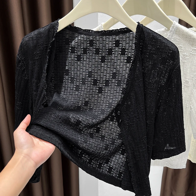 花边蕾丝短袖披肩女夏季吊带裙外搭薄纱短款防晒开衫镂空透气罩衫