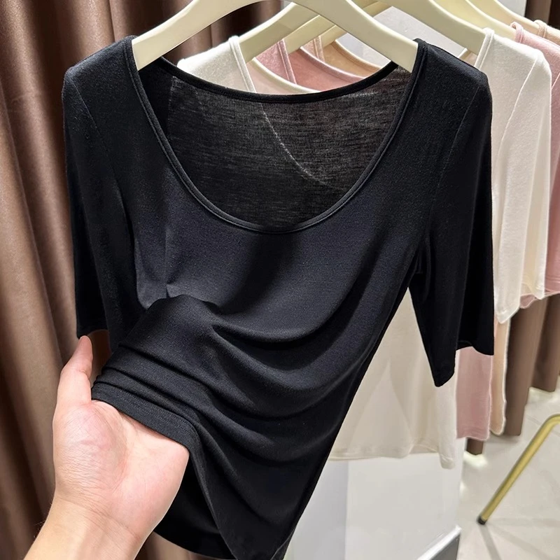 黑色五分袖t恤女2025夏季大U领面膜打底衫短袖修身显瘦内搭上衣