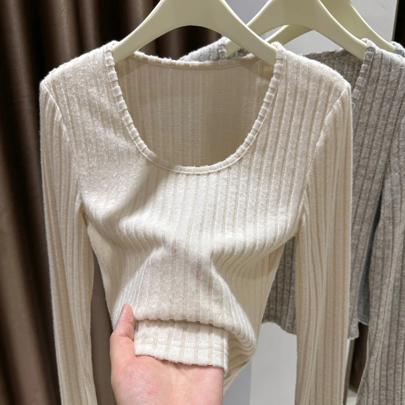 2025秋冬新款磨毛针织打底衫女内搭大圆领修身T恤高级感长袖上衣