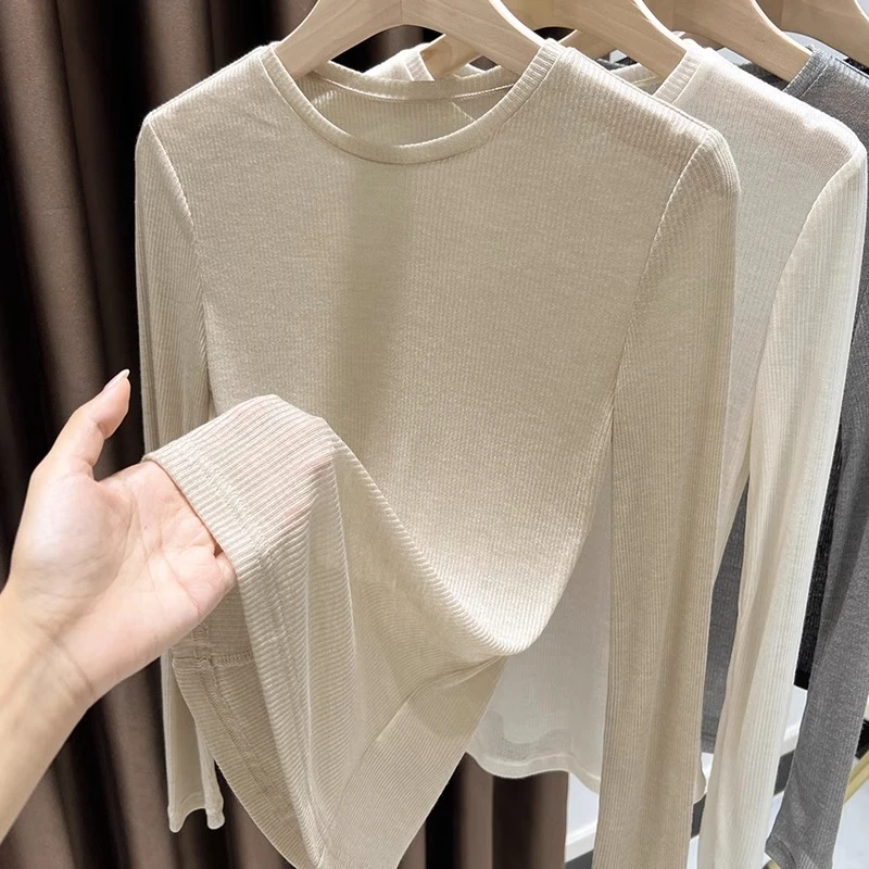 百搭圆领长袖打底衫女款爆款2025新款高档次薄款微透内搭白色上衣