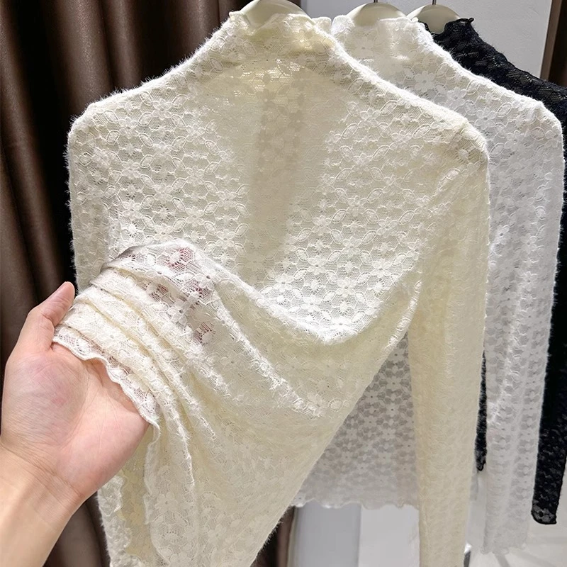 杏色高级感蕾丝打底衫女秋冬磨毛保暖内搭木耳边半高领微透小衫春