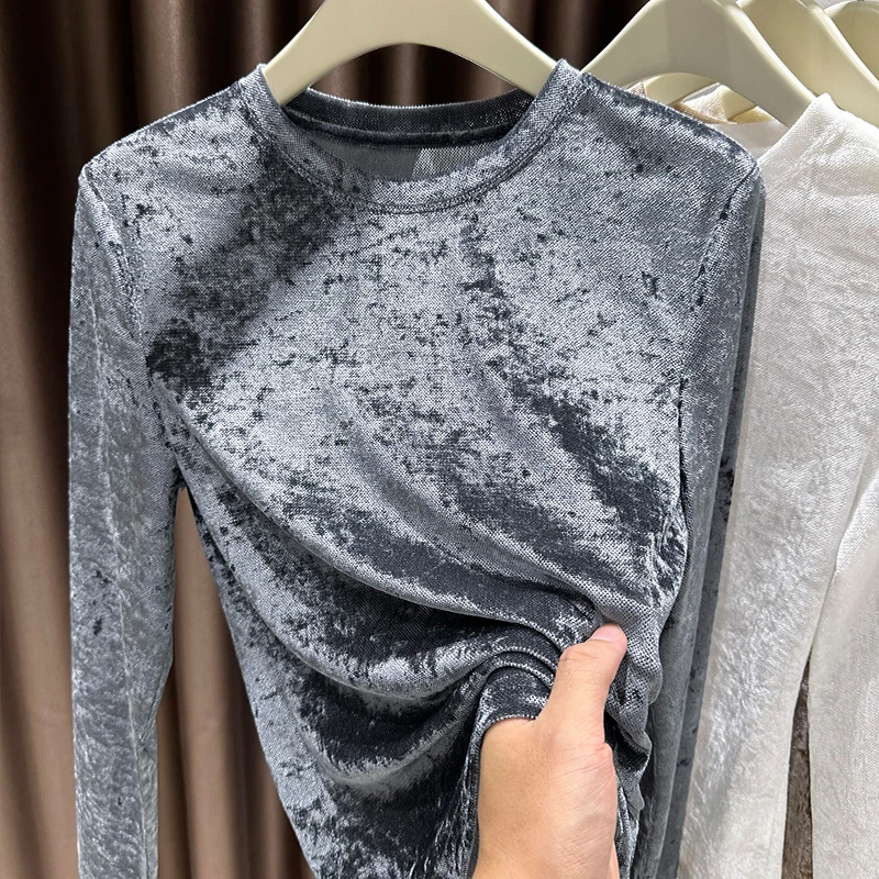 圆领打底衫女2025新款长袖高级感钻石毛内搭修身透气网纱上衣春秋