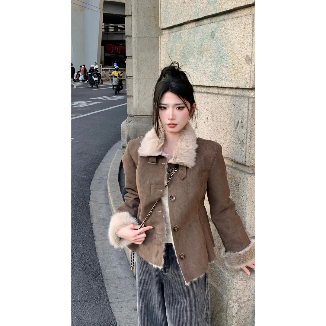 2428383复古气质百搭加绒毛毛外套重工水洗灯芯绒休闲裤套装