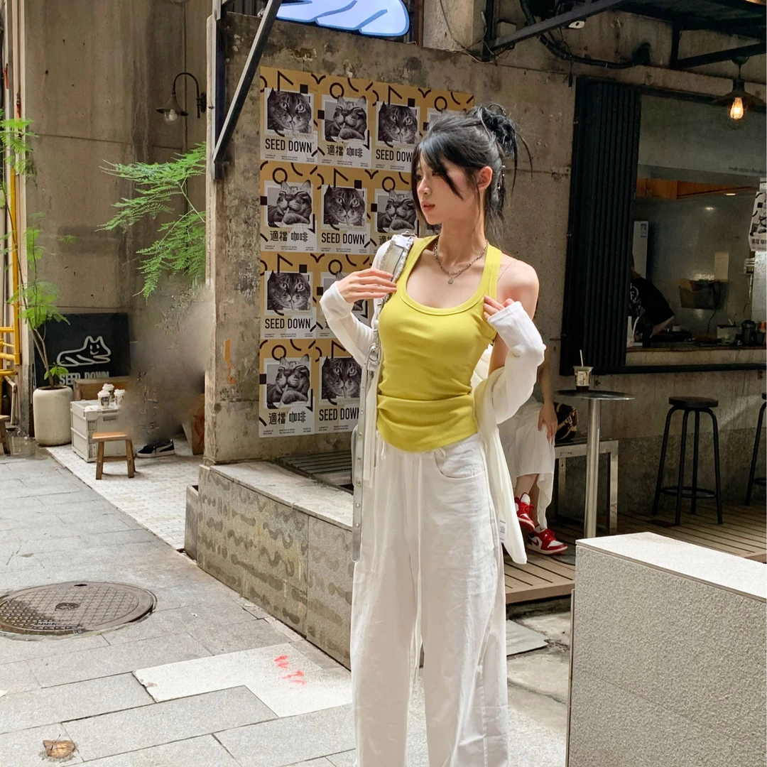 夏季休闲百搭芥末黄纯色背心加纯色白色休闲舒适开衫裤子加套装