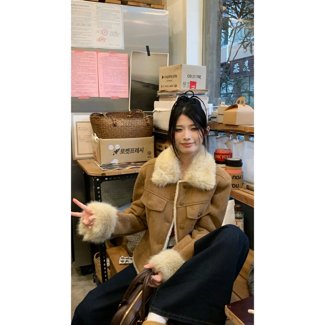 复古收腰气质休闲百搭加绒加厚修身毛毛外套