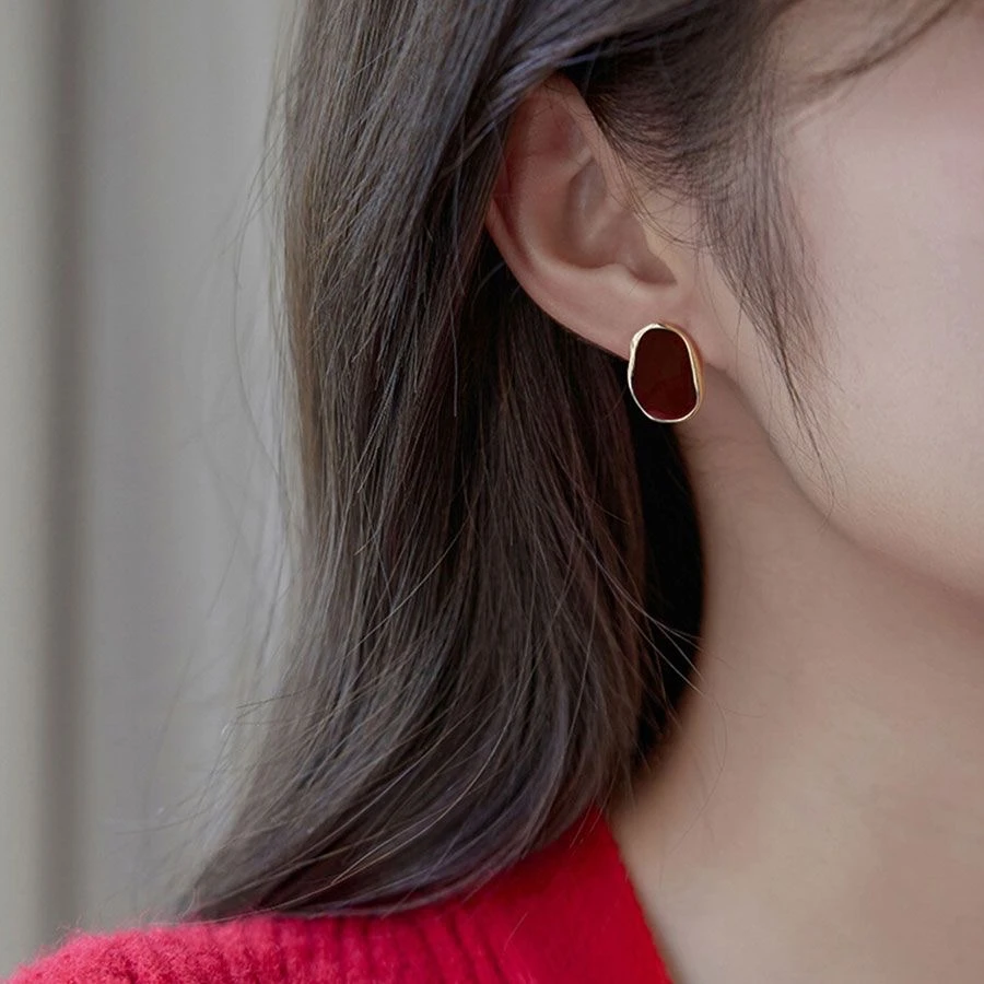 铜合金耳饰 G45复古高级酒红色小众ins风耳钉