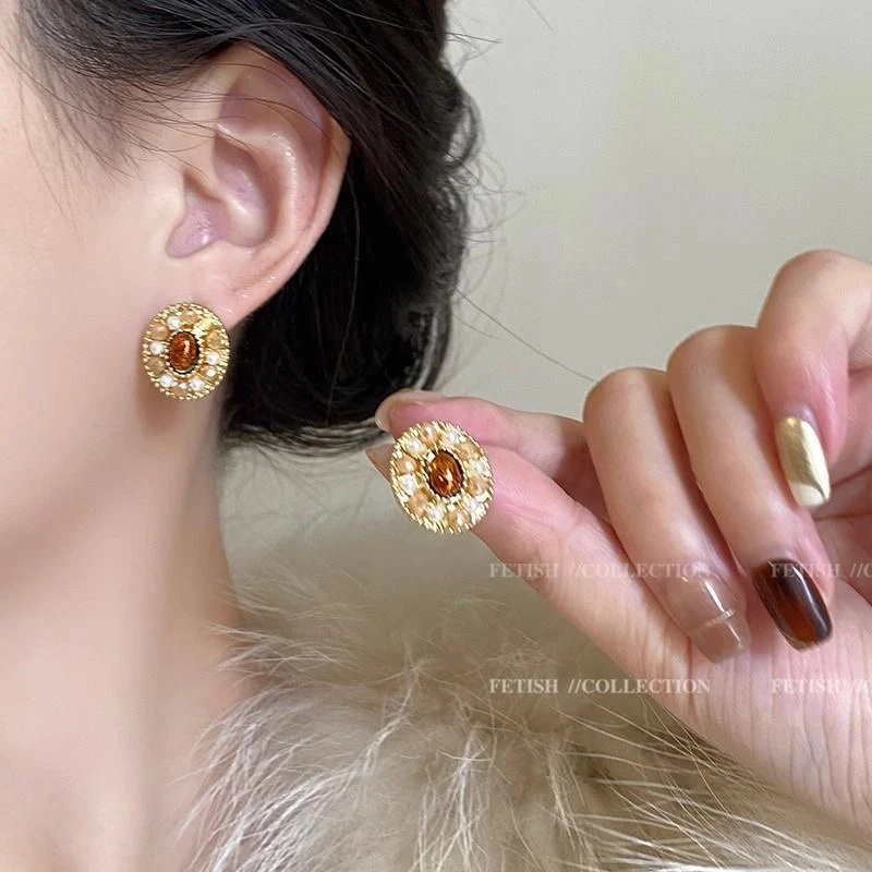 铜合金耳饰 G16法式宫廷风微镶珠珠耳钉高级精致轻奢款