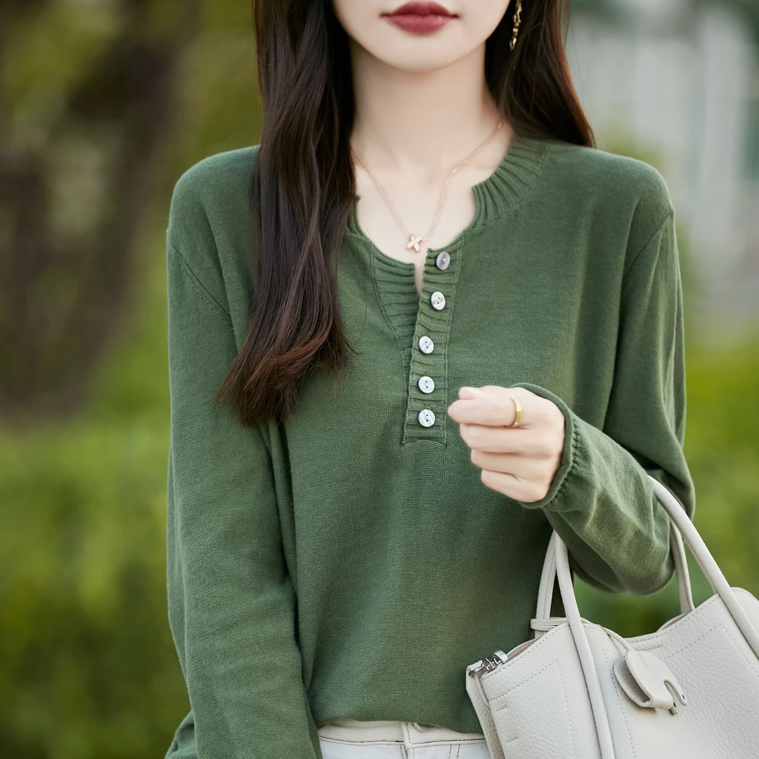 新款100%纯棉半开领长袖针织衫百搭时尚毛衣打底衫