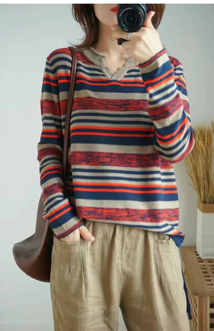 不起球春秋100%纯棉条纹抽绳针织衫宽松大码棉线毛衣打底衫