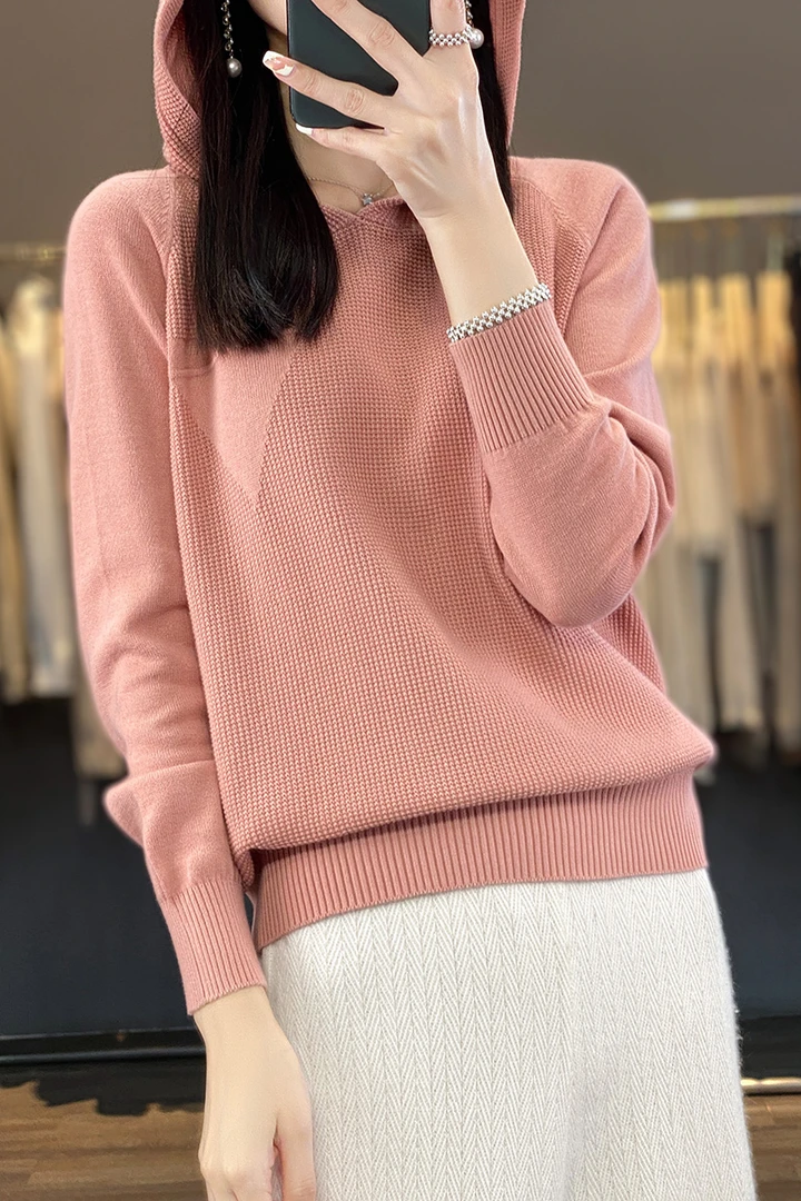 纯棉连帽长袖针织衫棉线套头宽松帽衫