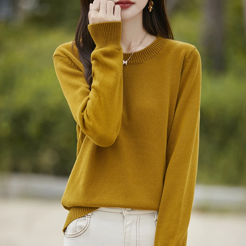 秋冬新款 不起球100%纯棉加厚圆领长袖针织衫时尚百搭毛衣打底衫