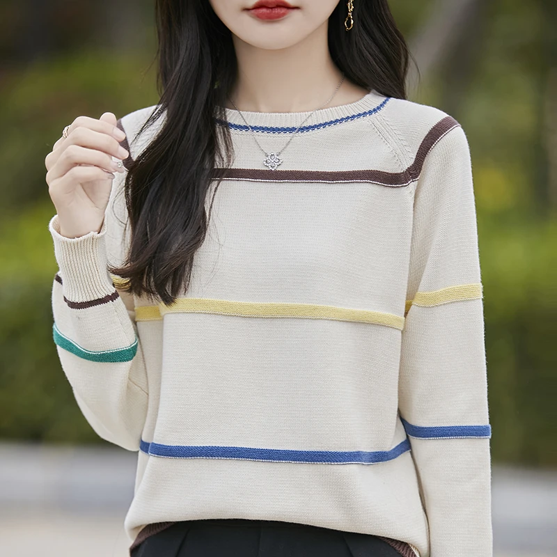 100%纯棉加厚拼色插肩针织衫秋冬棉线百搭毛衣打底衫