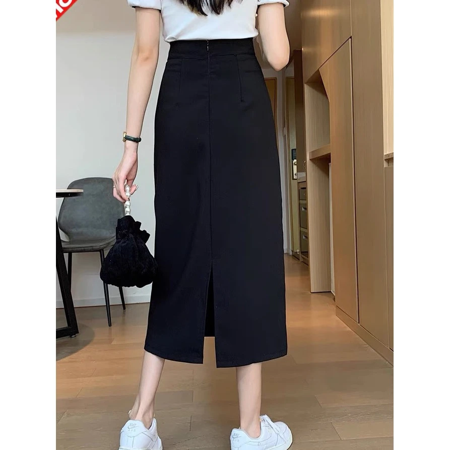 黑色半身裙高腰显瘦a字裙中长款包臀直筒长裙小个子开叉裙子女夏