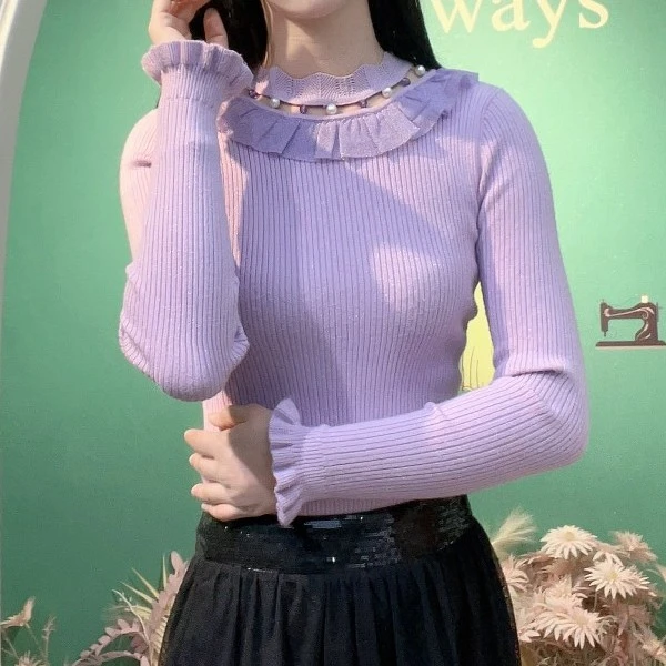 YDNalways品牌原创轻奢设计款法式复古钉珠拼纱亮丝时尚修身毛衫