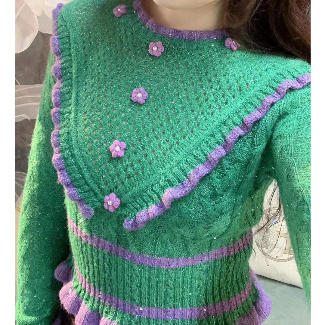 YDNalways衣迪尼时装品牌设计款秋冬法式重工拼接撞色木耳边毛衫