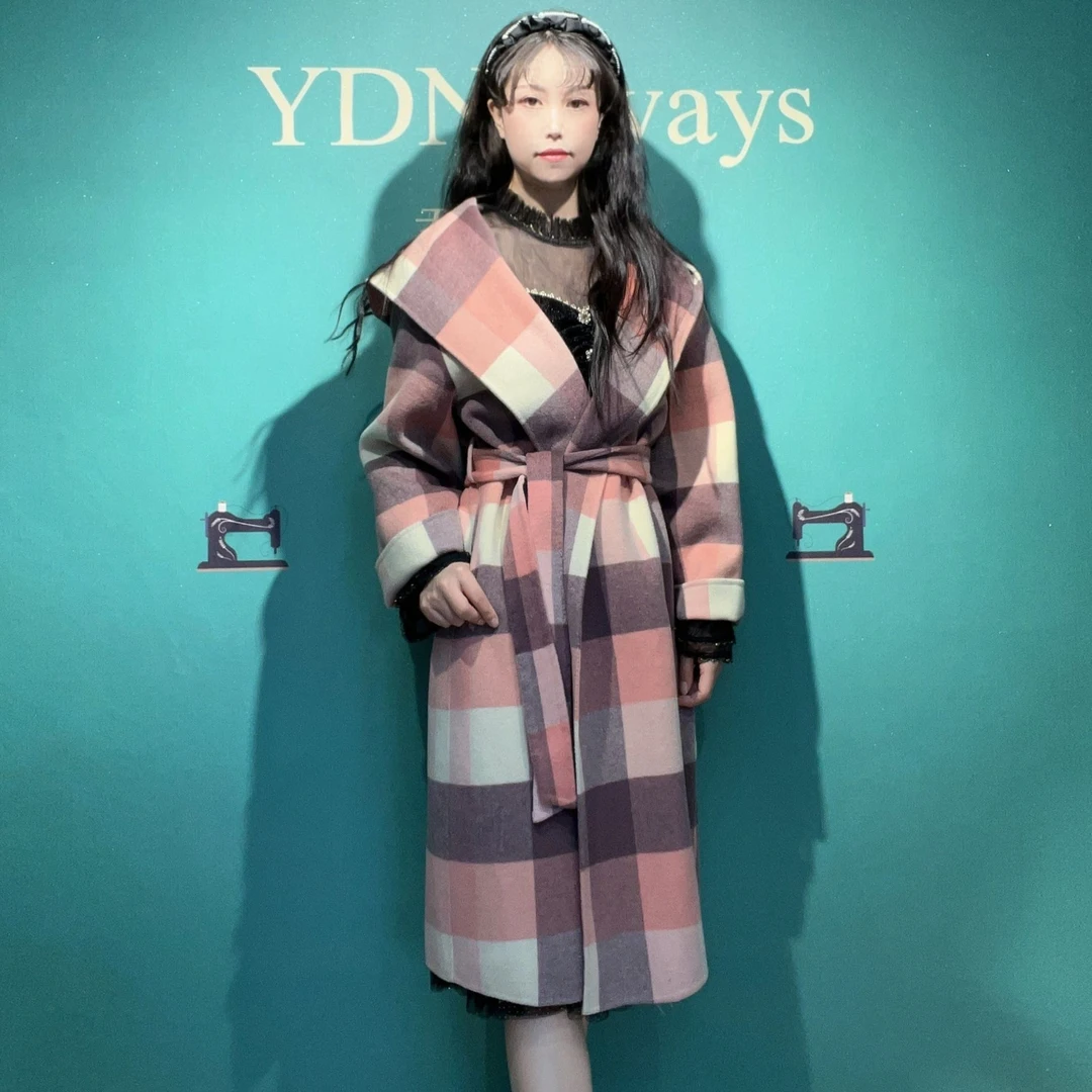 YDNalways君子原创轻奢设计款2022冬双面羊毛时尚格子毛呢大衣